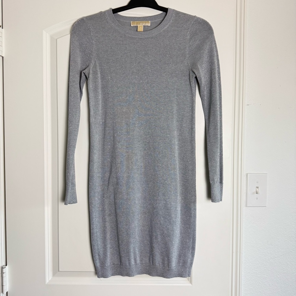 Michael Kors Women Knit Silver Metallic Grey Round Neck Sweater Dress Petite S